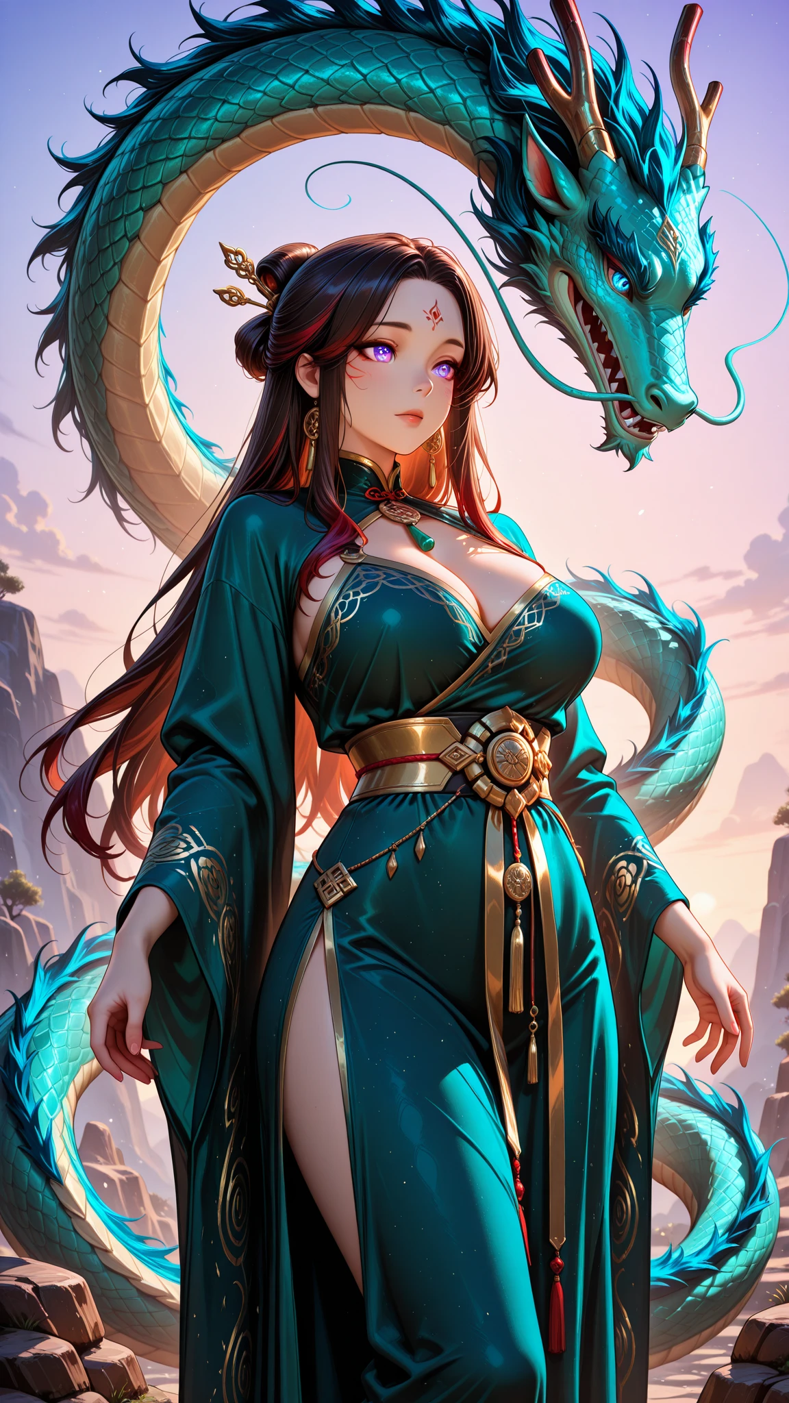 masutepiece, (Best Quality:1.4), Realistic, extremely detailed CG unified 8k wallpaper, ighly detailed, High-definition raw color photos, professional photograpy, Realistic portrait, Cinematic Light, Beautiful detailed, 1girl in, (Naked:1.5), Beautiful big breasts, breasts details, Exposed breasts, (cleavage of the breast:1.2), Short ponytail, (Fine face:1.2), Long hair, Close up portrait of a girl in a completely transparent kimono with wide open front, Bare shoulders, (completely transparent kimono with wide open chest:1.4), open chest wide, Undress、Beautiful kimono with the image of a dragon, No bra, No panties, (cameltoe details), (with super huge dragon), (Super huge and fierce Chinese dragon on background:1.5), (Chinese Dragon), Golden Dragon, details of the dragon, ((Innumerable sparkling jewels, Myriad shining jewels)), Fantasy Art, Outdoors, high intricate detailed, Intricately intertwined, fluttering in the sky, overlooking the clouds, rising flames, a desperate situation of crisis, transcendence realism,