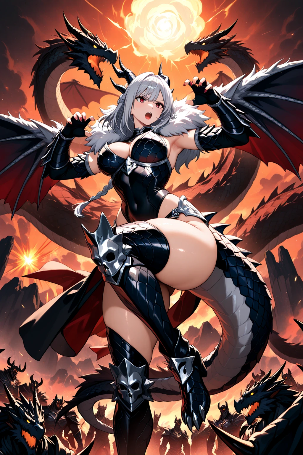 a mature woman,work of art,high resolution,long white hair,Eyes red,Dragon tail horns and wings,sensuous,big boobies,posing with a combat spear,in the ice ruins,good anatomy,snowing,アニメ,underwear,magic seals,Destroyed houses