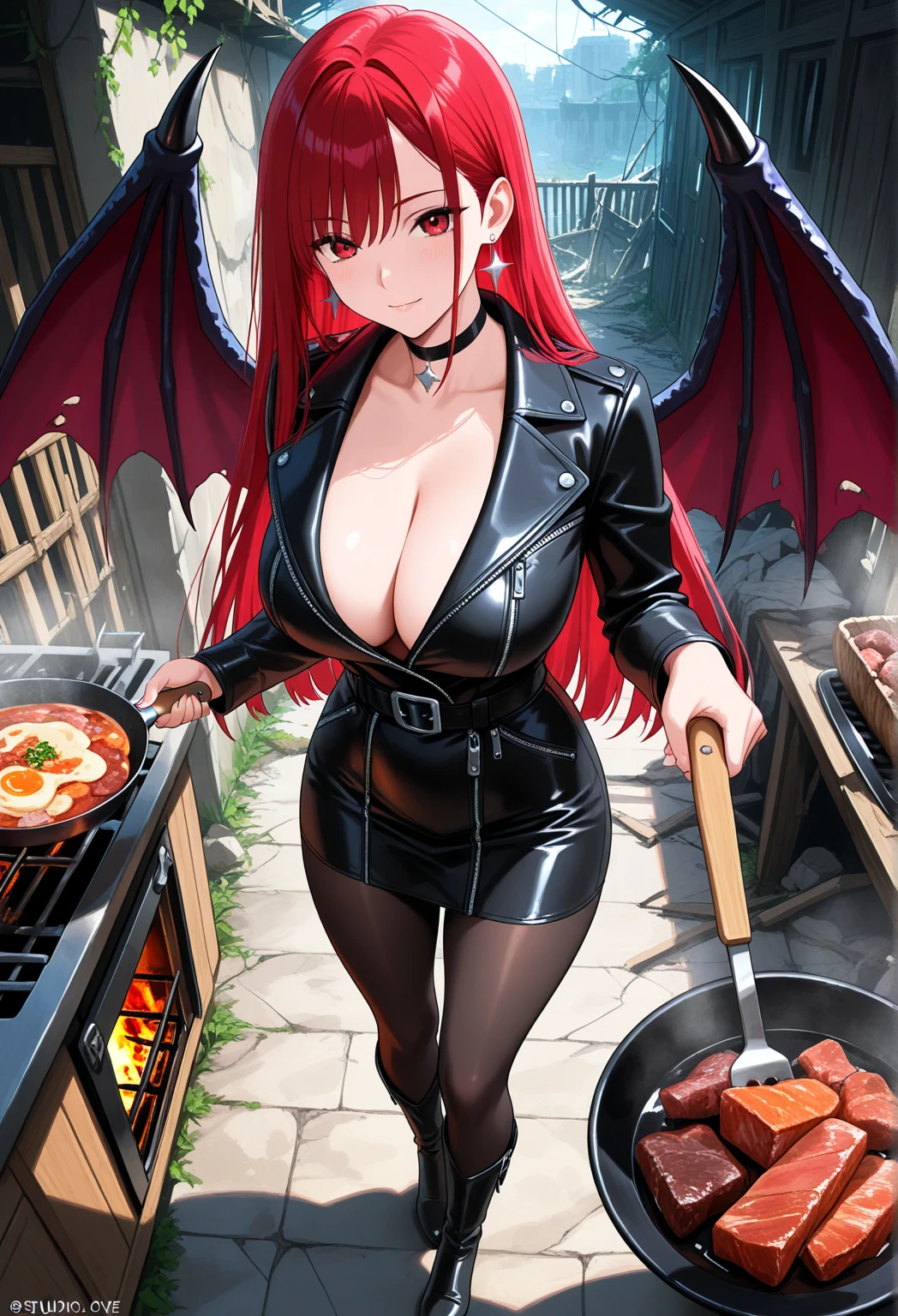 Big breasted woman with devil horns grilling steaks