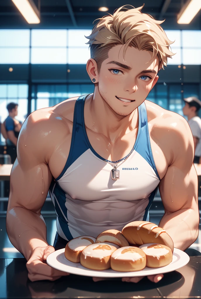 (handsome Man sitting on table eating bread ),(crew cut short hair:1.8),black eye,(Wear a fitted round neck t-shirt in navy with a police badge.:1.5),(fit neck),Navy blue jeans,(black_gloves:1.2), Korean guy,chest muscles,large arm muscles,blood vessel,Big muscles,Broad shoulders, (open mouth:1.2),(face up:1.2),(open eyes:1.5), middle of the road,smile, In the bread shop,