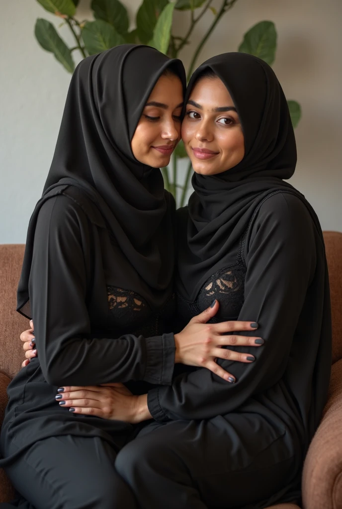 18yo twin girl with small tits posing on the bed wearing black hijab and lingerie
