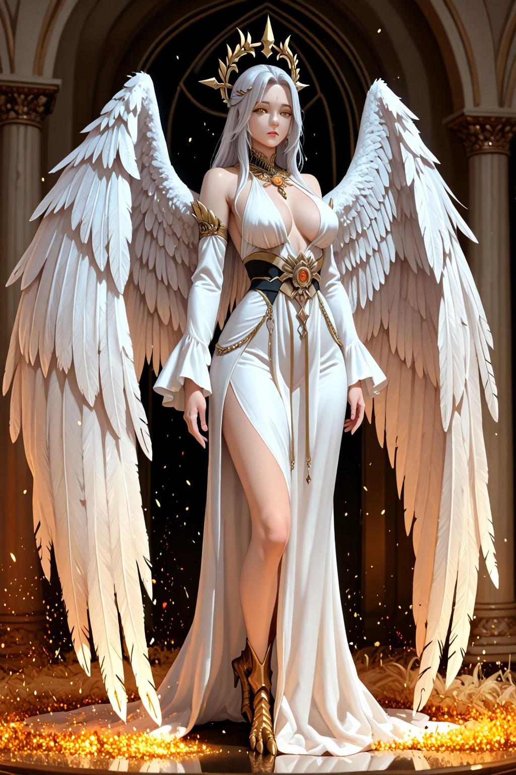 symmetry, portrait, full body shot, 8k, super detail, accurate, best quality, 16k, highres, best quality, award winning, super detail, anatomically correct, masterpiece, retina, UHD, Ombre, Smile, Cleavage, Pure, High heels, Laces, Glitter, No bra, Offshoulder, Highly detailed facial and skin textures, Detailed eyes, (photorealistic:1.4, clear:1.2, perfect body, beauty:1.4, slim abdomen:1.2, big breasts:1.2, fit:1.5, full-body shot:1.4, random hairstyles:1.2), choker, 1 angel girl, shining wings, shining halo, exquisite headdress, beautiful female angel, large wings, white hair, white wings, (long dress, red dress), on clouds, golden eyes, white background, attractive legs, sexy legs, tall legs, beautiful angel, attractive angel, ((full body female angel)), clouds, ((full body photoshoot, full body, far view, full body in view, heels in view, shining halo over head, extremely bright halo, halo)), slim figure