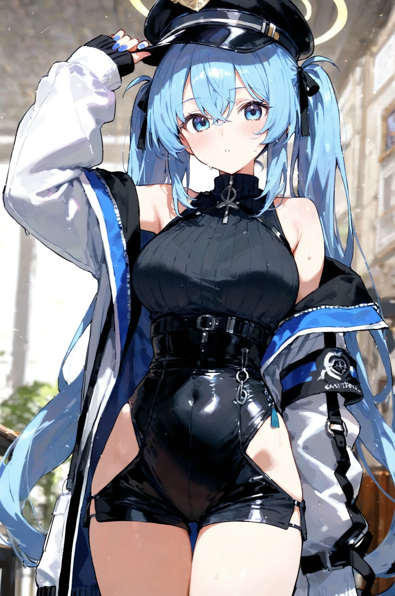 1girl,solo,cowboy shot,standing,(blue hair:1.2),long hair,twin braids,ahoge,(blue eyes:1.2),(beautiful fingers:1.2),(perfect anatomy:1.4),(arms_behind_back:1.4),(cold_shoulder:1.4),(pastel blue leather lace glossy silk lamé leotard:1.6),(latex luster shiny glossy metallic:1.4),(shiny_clothes:1.4),medium breasts,(masterpiece:1.2),best quality,(Ultra high definition eyes:1.2),8k,(Beautiful detailed eyes:1.2),(Fine and beautiful eyes:1.2),(pretty eyes:1.2),finely detail,extremely CG, absurdres,high resolution,illustration,Detailed and beautiful outlines,finely detail,high resolution,(colorful refraction:1.4,Increase saturation:1.2),beautiful lighting,dynamic lighting,closed room,black background,simple background, smile,looking at viewer,white dress, neck ribbon, black ribbon, brown cape,(white Clear PVC sheets sleeves:1.4),(sheer sleeves:1.4),(see-through sleeves:1.4),(wide sleeves:1.2),(pastel blue thigh boots:1.2)