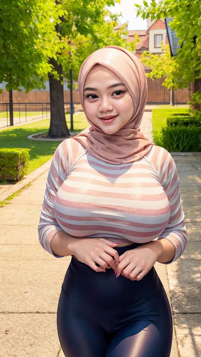 Realistic, adorable, 1girl, hijab, 8 years old, baby face, adorable face, cute face, happy, full body shot, (face details: 1), (eye details: 1), ((large breasts)). ((Gigantic breasts)). ((Big breast)). ((Heavy breasts)). ((Sagging breasts)). Mini skirt, white spaghetti Tank top: 1.2, knee high socks, Cute posed, side view pose, playground, People in the background, blurry background 0.4, Ultra High Res. realistic: 1.4, UHD