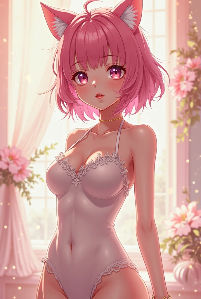 Realistic, Hyper Detail, Girls Only, Layered Bob, Dynamic Lighting, (((Bold imaginative poses)), (Glossy skin: 1.5), Masterpiece, Top Quality, Absurdity, Watching Viewer, (Blonde and Pink Hair), Purple Clear Eyes, Slender, High Resolution, Sharp Focus, Depth of Field, Detail Eyes, Sharp Eyes, ((Realistic Eyes)), (Medium: 1.4), Outdoor, Sunrise sky, many white hydrangeas, (Mekoji: 1.2)), ((Flashy lace underwear with attractive delicate design: 1.3))