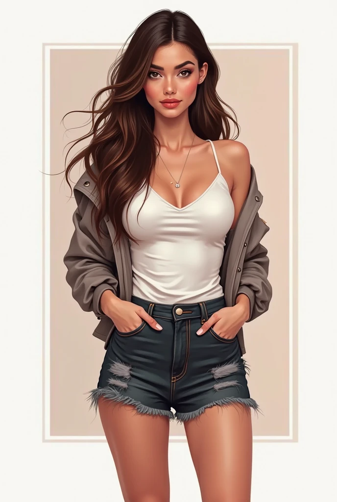 Generate me a girl of 1.5 skin color, dark brown hair wearing pink lace top, suede skirt and black jean jacket
