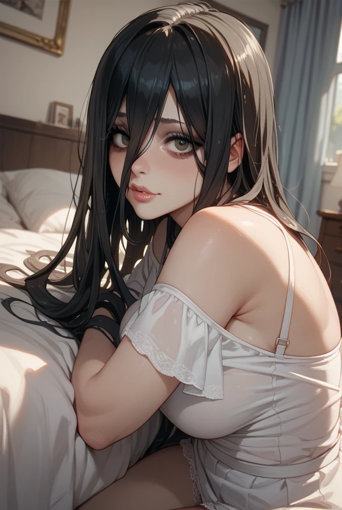 最high quality、best image quality、masterpiece、teenage girl((18-year-old、 By becoming、vest bust、medium bust,wide open breast tea、black eye, black hair、long hair、thin,highest valley、cute makeup、black sports bra、White sports pants、White Necklace、Blackface Paint、tired face、Sweat、sleep、get down on all fours、erotic face)),high quality、beautiful art、background((on the bed)),debris flies、Depth of written boundary、movie、visual art、perfect art、8K,genuine