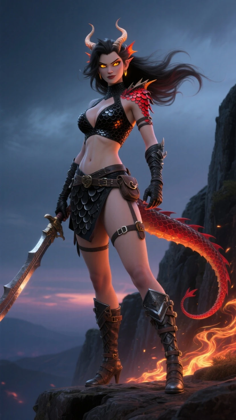1匹のドラゴン、1人の女、Confronting the Dragon、Face to face with the dragon、Long face、Fantasy、Great Sword、Swing wide、Upper stance、Slash at the dragon、Bikini Armor、Red hair、sexly、muscular、Full body photography