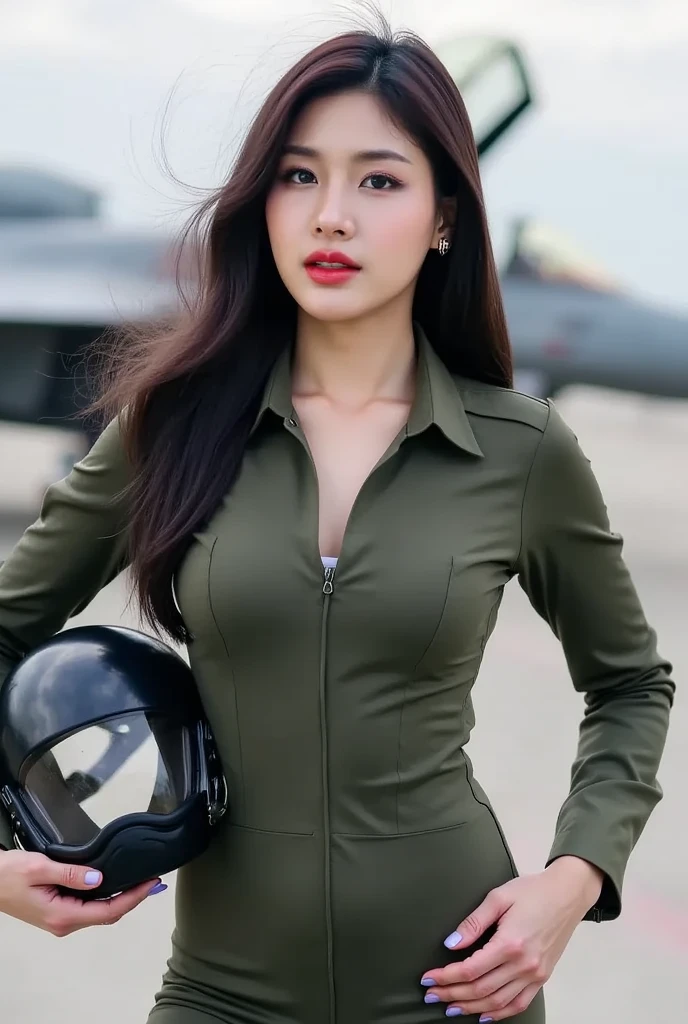 woman in military uniform holding helmet and jet fighter jet, military pilot clothing, cute pilot girl, pilot girl, airforce gear, portrait of cute pilot girl, closeup portrait shot, wearing flight suit, indonesian woman, airforce, 70's jetfighter pilot girl, pilot outfit, air force, beautiful female soldier, air force jumpsuit, military, portrait shot, military photography, exposed cleavage, big_boobies, short skirt