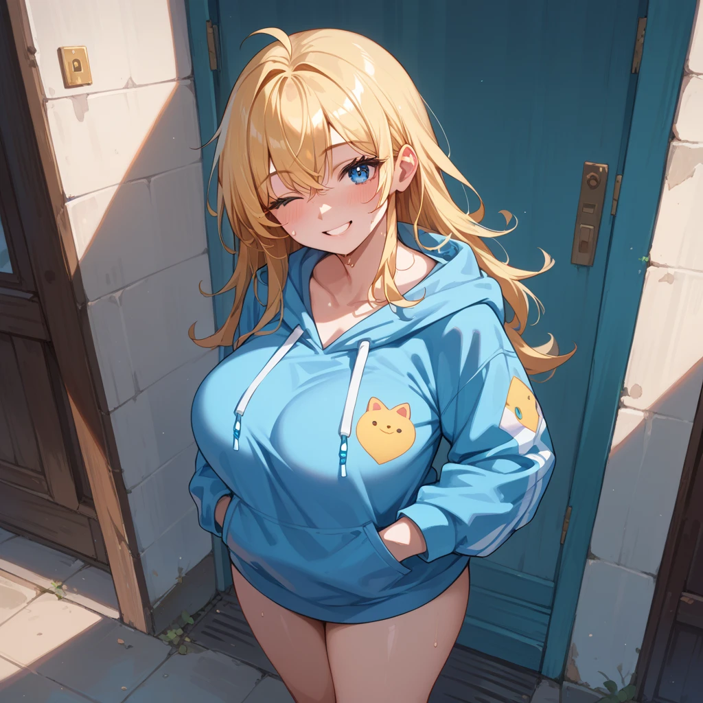 masterpiece, Highest quality, 1 person,(  Large Breasts、Are standing, View your viewers),Detailed Background、A person who writes in detail、Accurate human body、Knowledgeable person、Accurate 5 fingers, woman,Thick thighs,Curvy_body 0.8,alone, orfevre\(umamusume\),Oversized hoodie、