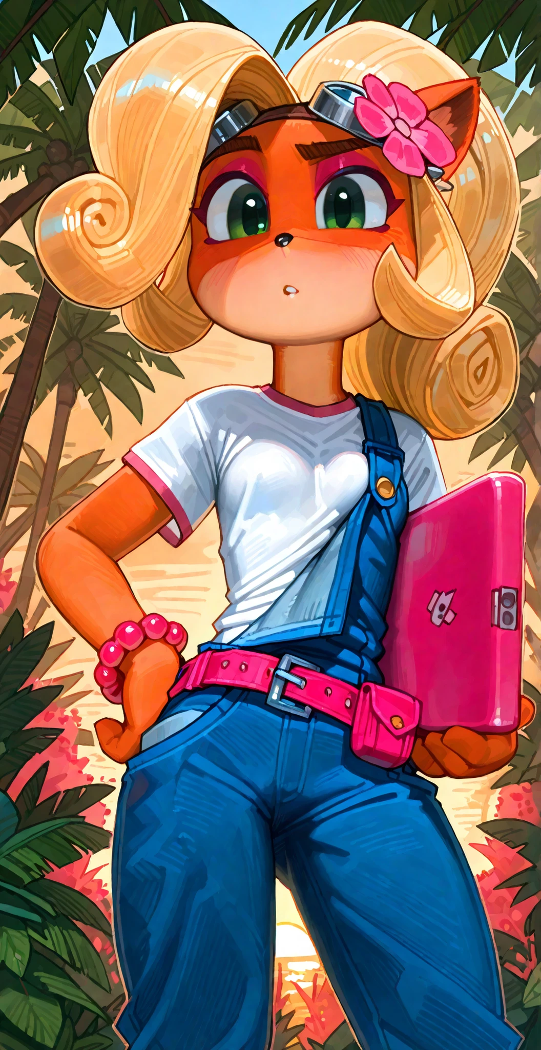 ((Coco bandicoot)), ((pixelsketcher)), ((wamudraws)), (solo portrait, low angle), (attractive figure, small breast, beautiful legs, orange fur, beige underbelly, black nose, cute green eyes, short eyelashes, blonde hair, curly ponytail, curly bang, raised eyebrow, parted lips, curious look), (white t-shirt with red lining, overalls, back pockets, pink utility belt, pouches on hips, pink bracelet, goggles on head, pink flower in hair), (standing, holding pink laptop, tilted hip, looking at viewer), (tropical forest, sunset)
