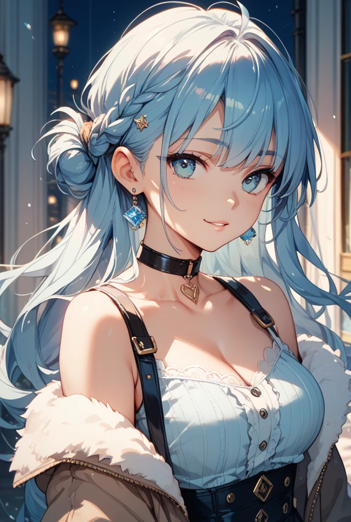 (masterpiece), (highest quality), (Super detailed),(Disheveled Hair),(figure), (One girl), Are standing, smile, Beautiful fine details, Bright Blue Eyes, Beautiful face in every detail, (kamisato ayaka: 1.2), Focus on the face, ponytail, kamisato ayaka(Genshin Impact), Light blue hair, Detailed Hair, bangs, Best lighting, Best Shadow, Very detailed, Vibrant