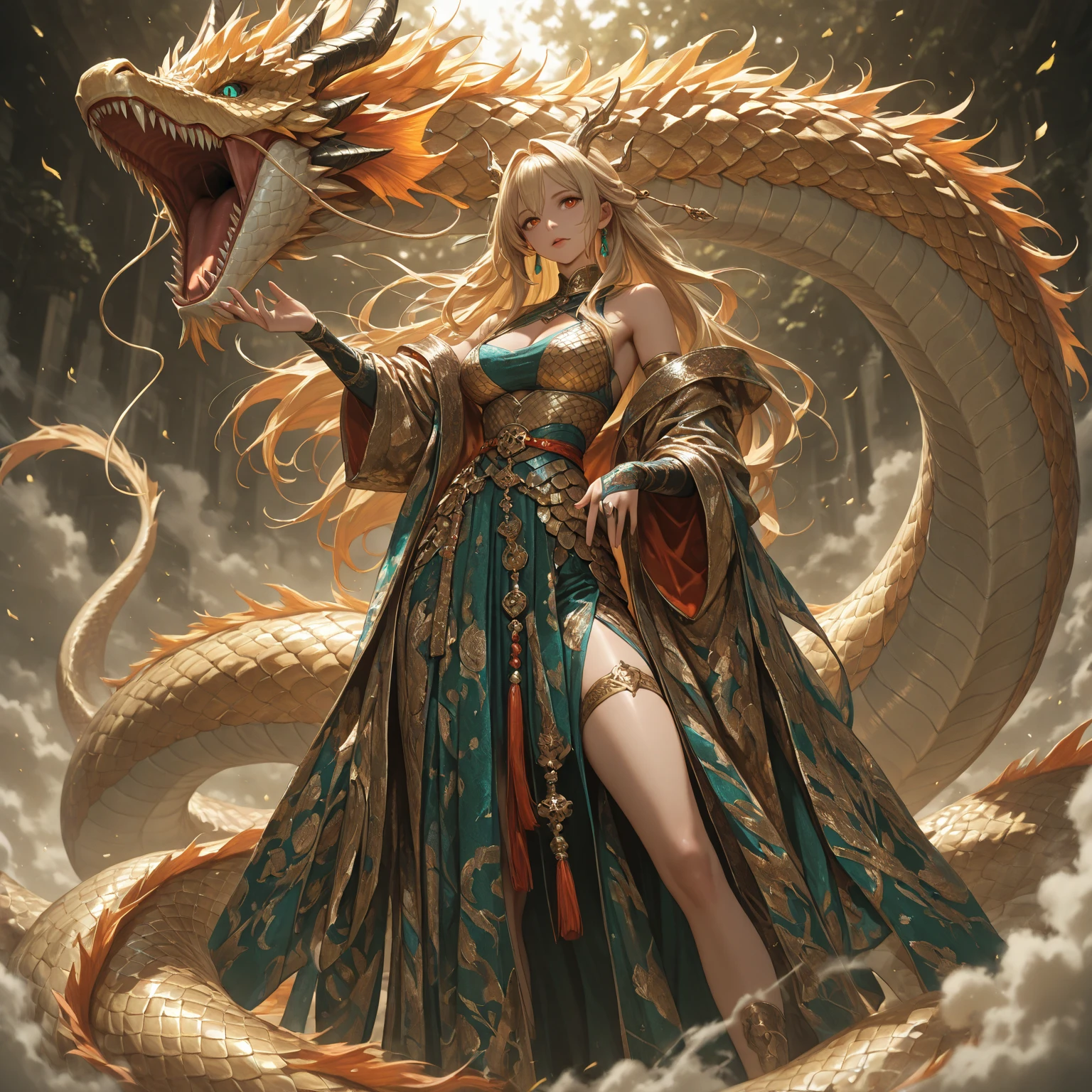 tmasterpiece,best qualtiy,detailed detail,8K,One Piece, female emperor,Use your right finger forward,Focus on everything,Stand on the giant serpent