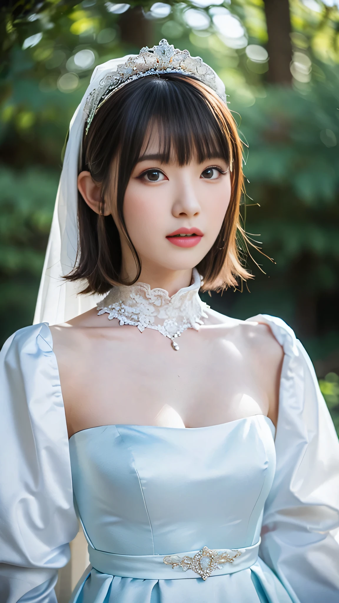 Non-NSFW、Realistic、highest quality、highest quality、masterpiece、Ultra-high resolution、RAW Photos、Realistic、Bright lighting、Face Light、Smooth Professional Lighting、Looking into the camera、alone、Adult female、Beautiful woman、Super Beauty、realistic skin、Moisturized Skin、Realistic eyes and faces、Perfect model body shape、Beautiful Eyes、Big eyes、Inconspicuous tear bags、slim、Medium sized big breasts、No bra、Beautiful fingers、Very short hair、Jet Black Hair、Iris、Looks happy、(Both ears are hidden by hair)、(saint's pure white dress)、Fantasy World、Medieval Europe、saint、(((Holy Priestess)))、Inside the temple, Small Ass, (Venus' Breasts:1.5), A konigsreuter, (white Priest's robe:1.6),(standing leaning forward:1.2),(from below:1.5)
