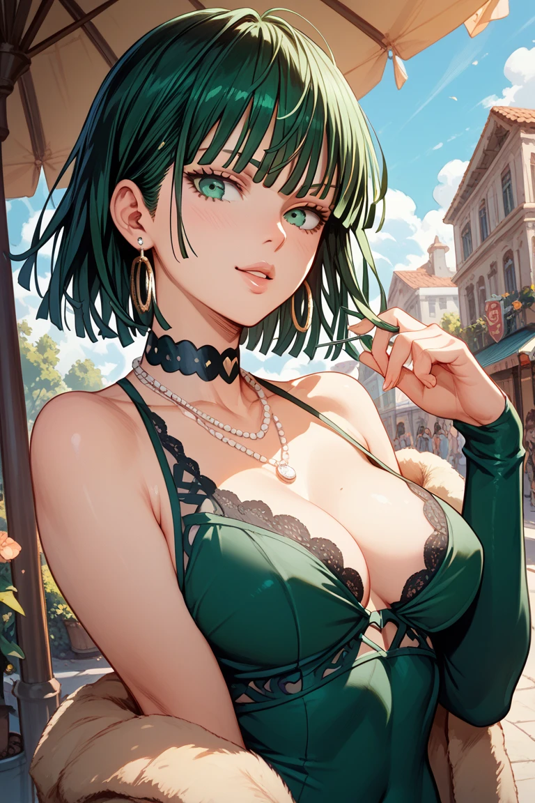 (beste-Qualit, 8K, 12), 1 girl, tatsumaki, Short Hair Hair, green hair, Huge-breasts, child, the perfect body, ultra detail face, detailed lips, Slender Eyes, gown, stands, enticing, Excited, convex areolas, steam, From Bottom