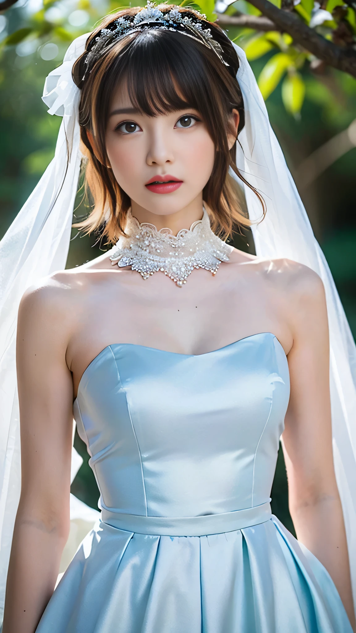(Portrait of the upper body taken directly from the front),((Woman wearing a high neck wedding dress made of shiny pale blue satin fabric)),(masterpiece, top quality , Ultra High Accuracy),very detailed CG,(Eye makeup to lengthen eyelashes),Straight bob hair with bangs,Wedding headdress,A gorgeous and beautiful necklace, cool hanging eyes ,(They are staring at us with an expression that looks like they are aiming for prey),Luxurious skirt made of shiny pale blue satin fabric,((I'm in a dark forest )),Close-up photo of the chest of a dress