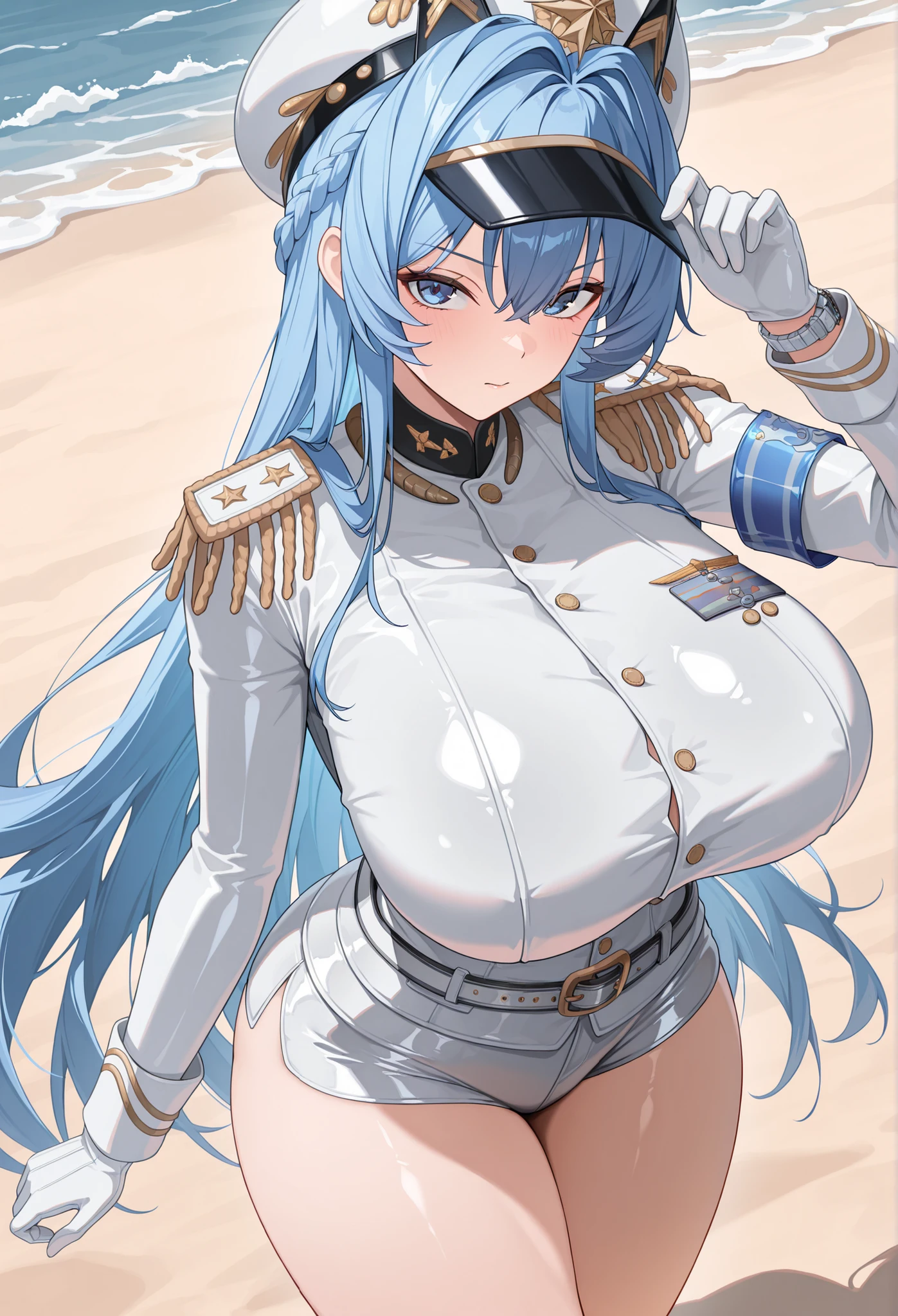 1girl, solo, tachi-e, military hat, cleavage, pleated skirt, pantyhose, high heels, standing, head up, arms behind back, wharf, ocean, shoreline, clear starry sky, arctic, <lora:cpyvazln_v33:1>