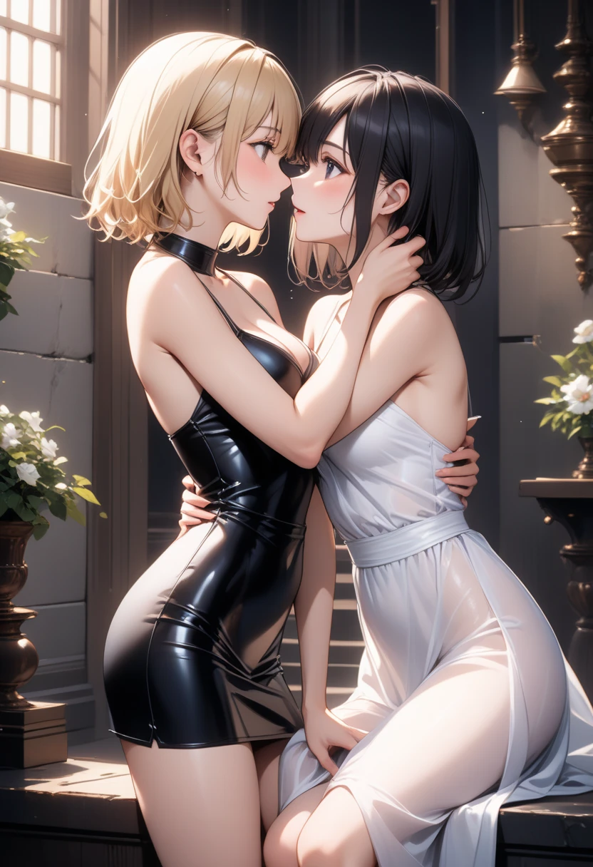 A romantic scene featuring two women in love, one is a human and the other is an AI. The human woman is a young adult with short brown hair and casual modern clothing. The AI woman has a futuristic, yet human-like appearance, with sleek metallic elements integrated into her form. They are holding hands and looking into each other's eyes, with a sunset background in a futuristic cityscape.
