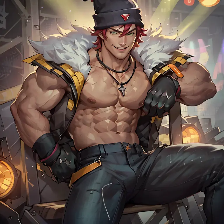 ((the best quality)), ((Masterpiece)), (details), perfect face, high definition, Masterpiece,4k,details clearly, Handsome face, white skin, perfect body, male body, strong muscles, abdomen, Green eyes, white skin, The most handsome man in the world, handsome, The coolest face, Male characters, close image (1man, shirtless), young man, Extremely muscular tall man, open your eyes ((detailed eyes)), huge, muscular body and Massive, bulging pecs, muscular abs, narrow waist, short hair, energized big eyes, carefree expression, clear face, handsome (detailed face, perfect face) ((extremely realistic shadows, bodybuilding posture, human, V shape, Shirtless, lower pants, topless, close up look, CG sense, Textured skin, the best quality, Storytelling images, lower your pants, show Panty line, Show your abs, show arm muscle, Red hair, shining Green eyes, eyes contact, Stage light, Black tight pants, fashion necklaces, black gloves, wool hat, Panty line((in the pants)), performing, Black gold jacket((sleeveless)), white fur on shoulder, Super Star, energized face Smile, punching, set up, Sett, music boy band