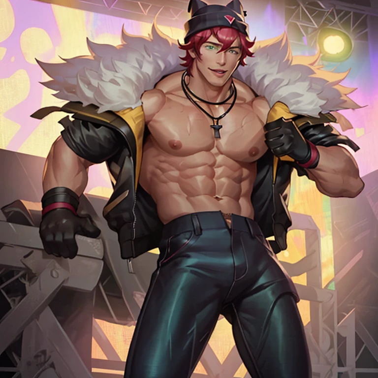 ((the best quality)), ((Masterpiece)), (details), perfect face, high definition, Masterpiece,4k,details clearly, Handsome face, white skin, perfect body, male body, strong muscles, abdomen, Green eyes, white skin, The most handsome man in the world, handsome, The coolest face, Male characters, close image (1man, shirtless), young man, Extremely muscular tall man, open your eyes ((detailed eyes)), huge, muscular body and Massive, bulging pecs, muscular abs, narrow waist, short hair, delicate big eyes, carefree expression, clear face, handsome (detailed face, perfect face) ((extremely realistic shadows, bodybuilding posture, human, V shape, Shirtless, lower pants, topless, close up look, CG sense, Textured skin, the best quality, Storytelling images, lower your pants, show Panty line, Show your abs, show arm muscle, Red hair, shining Green eyes, eyes contact, Stage light, Black tight pants, Cool necklace, black gloves, wool hat