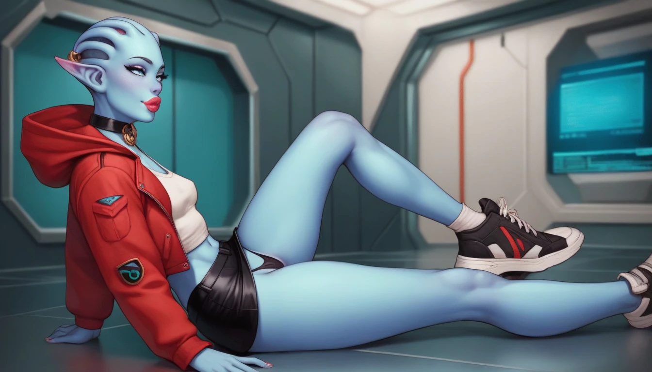 An alien topless girl, lying on the sofa, looks very enjoyable, starcraft style, looks depressing, high quality, ultra-detailed, crazy details, 4K
