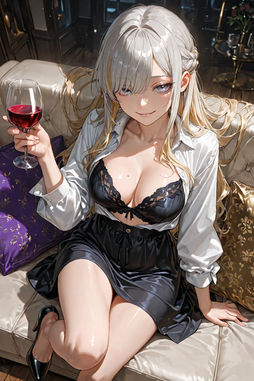 Owari\(Azane\),horn, Dark skin_femele, twincest_pigtails,the hair_exceed_Youn_The eye,耳?????? Ring,Moles under the mouth, White dress, sitted, grinning smile,Bedrooms, from below, crossed legs, full bodyesbian, Champagne in hand,, tmasterpiece, Best quality at best, Extremely detailed face, sharp detailed, hight contrast,