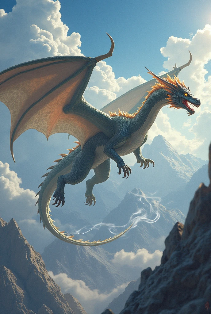 (best quality,4k,8k,highres,masterpiece:1.2),ultra-detailed,(realistic,photorealistic,photo-realistic:1.37),dragon,sky,airborne,ethereal,mythical creature,majestic,floating,gliding,serene,otherworldly,large wingspan,detailed scales,graceful,long tail,sharp claws,fire-breathing,scaly,long curved neck,proud,dominant presence,golden eyes,piercing gaze,dragon's breath,vivid colors,dream-like atmosphere,lush clouds,colorful sunset, soft lighting,mystical,dragon soaring above the clouds,peaceful,enchanted.