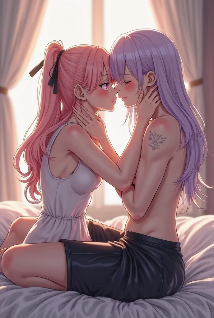 two young naked femboys with pink hair, medium breasts, small cock, laying on the bed, kissing each other, masturbating, drooling, blushing, uncensored
