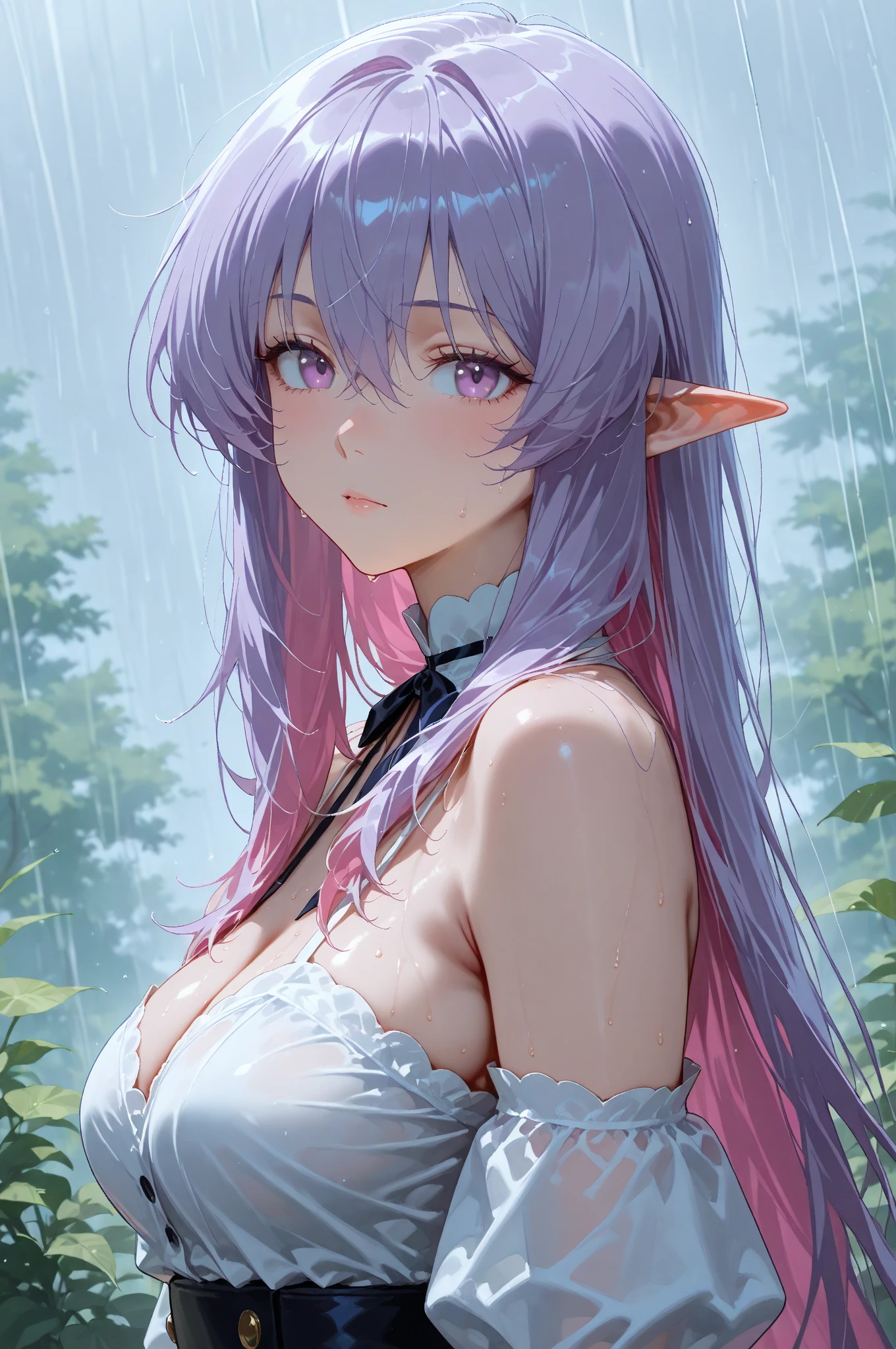 (masterpiece, best quality:1.5), (ultra detailed, high resolution, 8k, beautiful detailed, UHD, best anatomy), 1 cute elf, purple hair, small breasts, business shirt, Flared skirt, Rain soaked my whole body and clothes, Wet from the rain, her underwear is showing through, A troubled expression, outdoors, taking shelter from rain, Bra