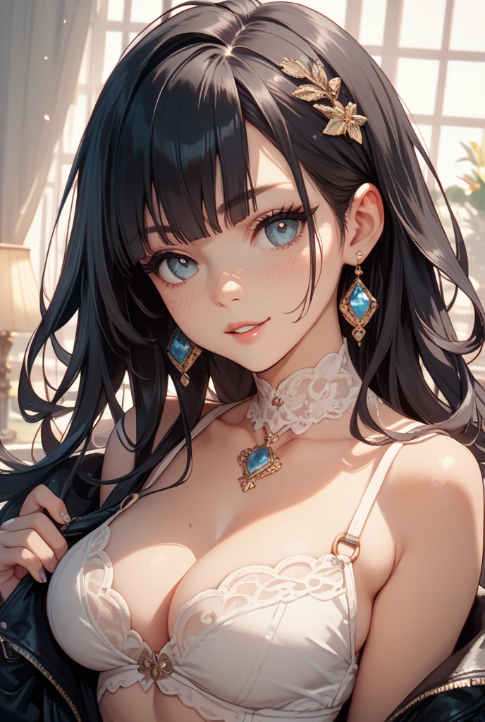 original, détaiL compLexe, illustration, chef-d&#39;œuvre, fond d&#39;écran CG unity 8k extrêmement détaillé, souligner, Affûtage, dynamique, bokeh, , Une belle fille aux longs cheveux noirs gros seins avec un café en main porte un jean bleu sexy et une veste noire avec un chat.,_oreilles et cheveux_ornement