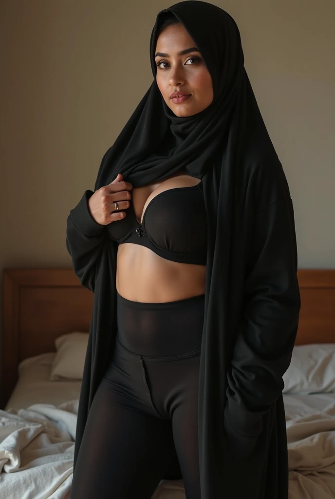 RAW photo,dark,moody,hazy atmosphere,35mm focal lenght,underexposed,cold,candid photograph,artistic,full body,photo of a beautiful,fully naked,influencer,30yo Moroccan woman,hijab,detailed skin,fully naked,looking at viewer, thick body structure,grey background,no background, candid pose,dim room,blue light, film grain, kodak color, instagram LUT