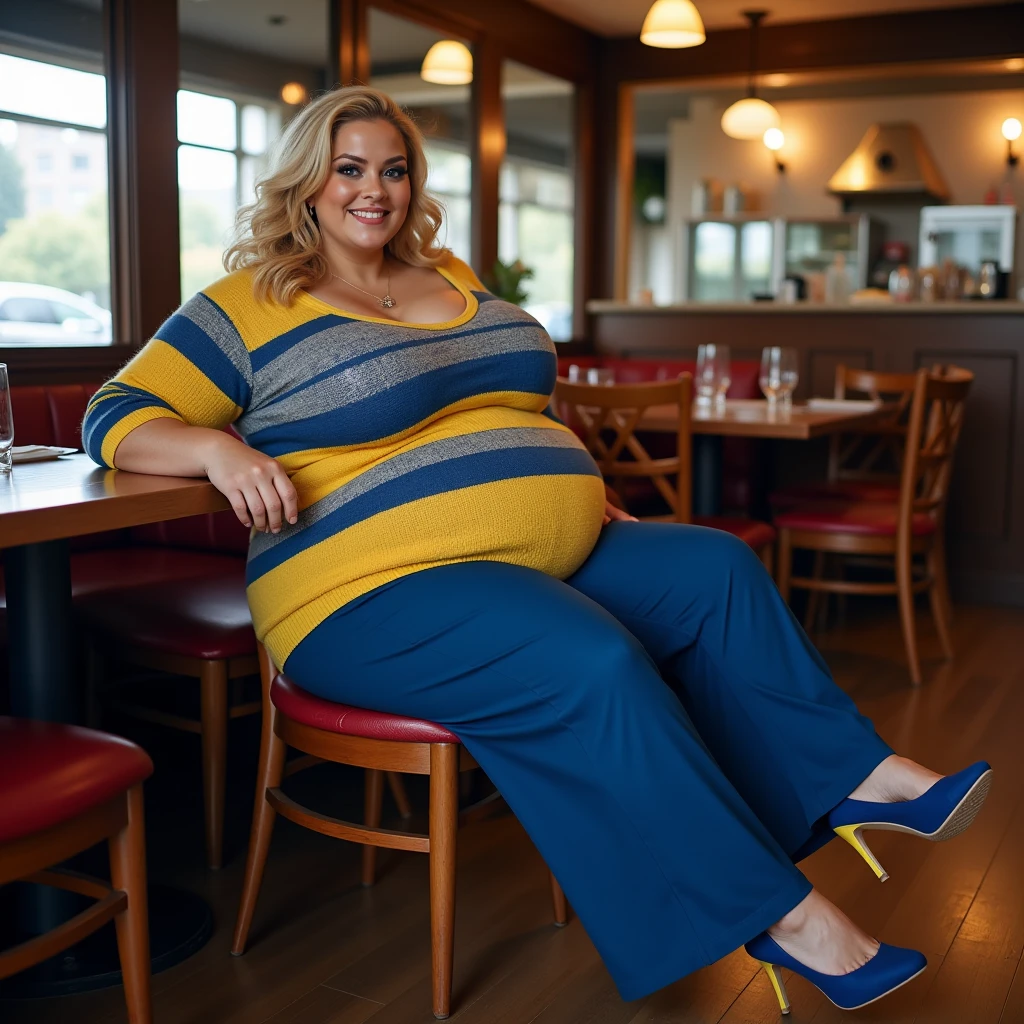 masterpiece, best quality, cinematic, photorealistic, ultra-detailed), 1girl, thicc, (medium shot, from below:1.5), (smart-looking female school teacher:1.4), (Platinum blonde hair, styled in a messy low bun), perfect hands, perfect face, (bursting breasts, large cleavage:1.4), round ass, (wearing Teal, long-sleeved blouse with a subtle floral pattern), (high-waisted mustard yellow skirt), (Rust-colored, oversized cardigan), (seductive pose), (gray eyes, detailed pupils, blushing, slightly parted lips, mauve lips:1.2), (sitting crossed legs)