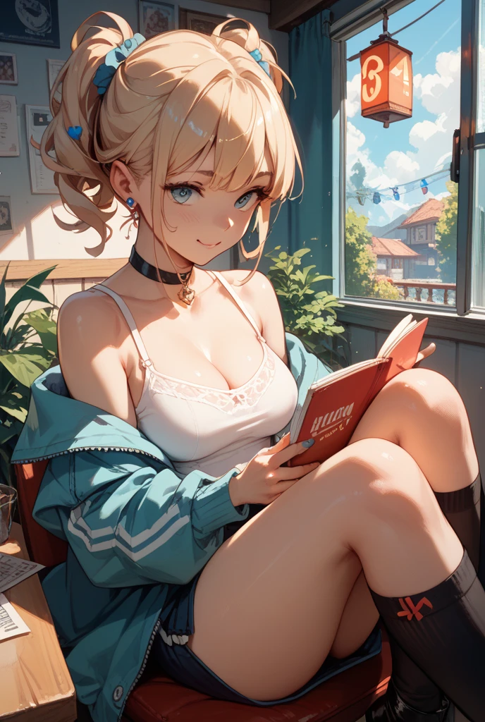 (masterpiece, best quality:1.2), solo, Android 18 from Dragon Ball, ((white slip-on crop top)), ((black dolphin shorts)), (light gray hoodie), thighs, midriff, small breasts, blonde hair, (single hair bun), ((blue eyes)), earrings on earlobes, slender feminine figure, narrow waistline, skinny body, reading book, cleavage, off shoulder, magnificent view, blur background, 4K, light blush, indoors, chill, cafe, white desk, ice coffee, window, organized, simple, white-based interior, rain,