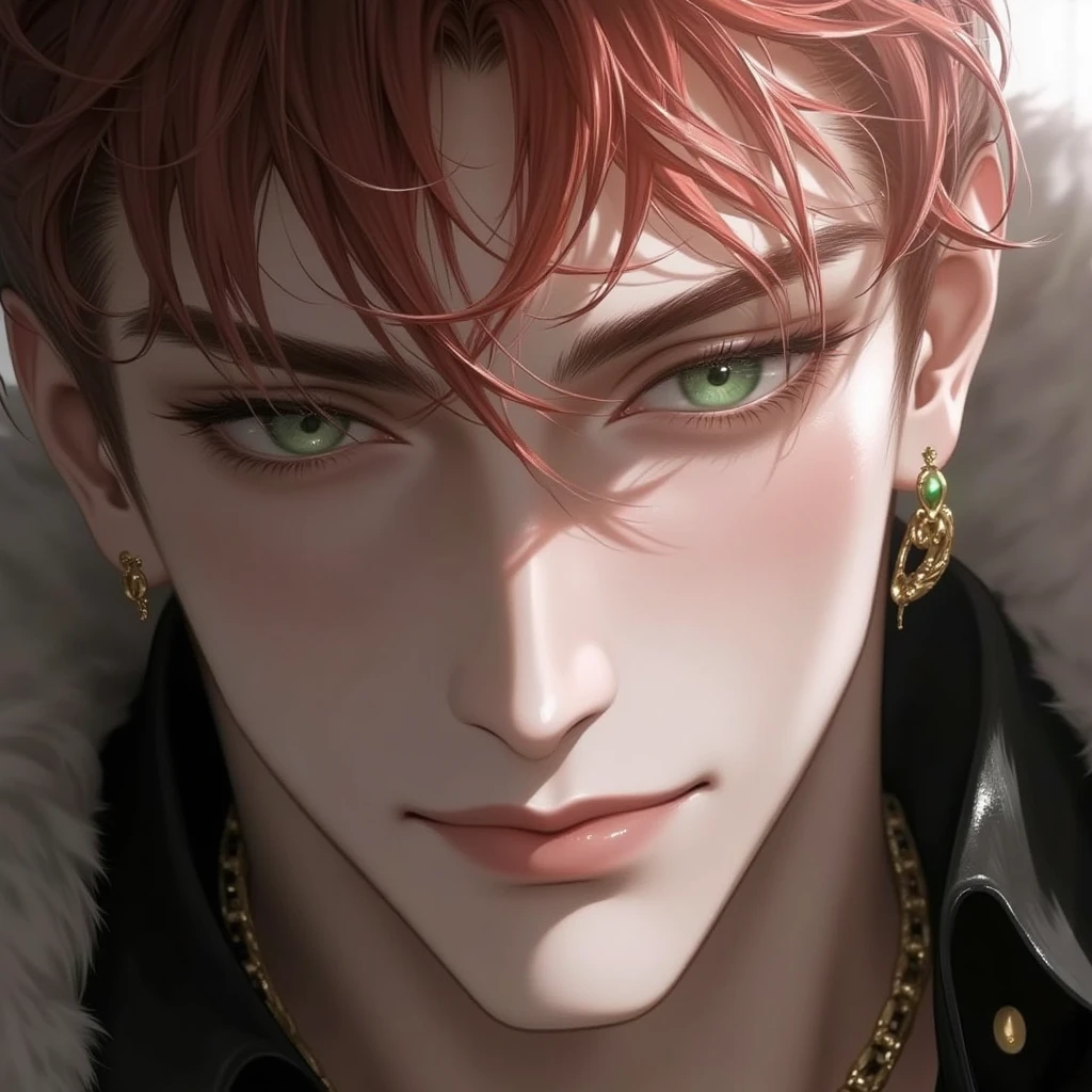 (masterpiece,best quality,ultra_detailed,highres,absurdres:1.2), illustration,doujinshi doujin,faux traditional media,nsfw,(((1boy))),((upper body)),handsome,about 20 years old,fantasy,mature_male,black skin,red hair Golden slit pupils eyes,wind,((dragon_horns)),(Dragon),((jewelry)),dragon_wings,fur jacket,((Tachi-e)),(((white_background))),((solo)),looking_at_viewer<lora:kr-maleface-i2-000006:1> <lora:vectorer:2>