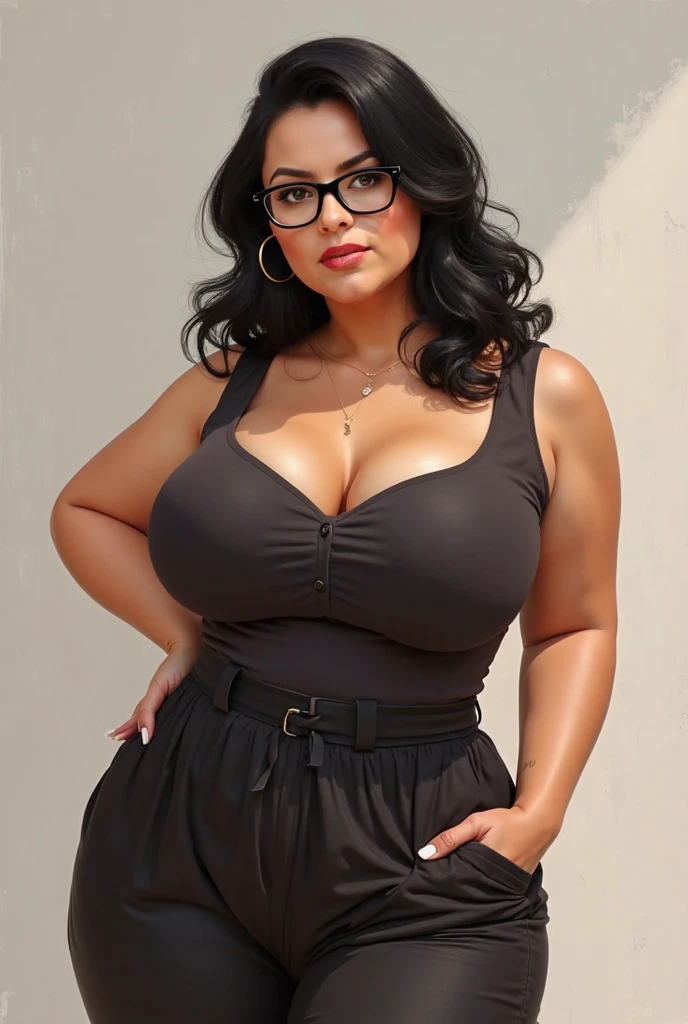 Girl journalist with big breast and short black hair and glasses with brown eyes and smiling face wearing a black vest and underneath a black bra showing navel and black jeans and black shoes and sexy chubby body
