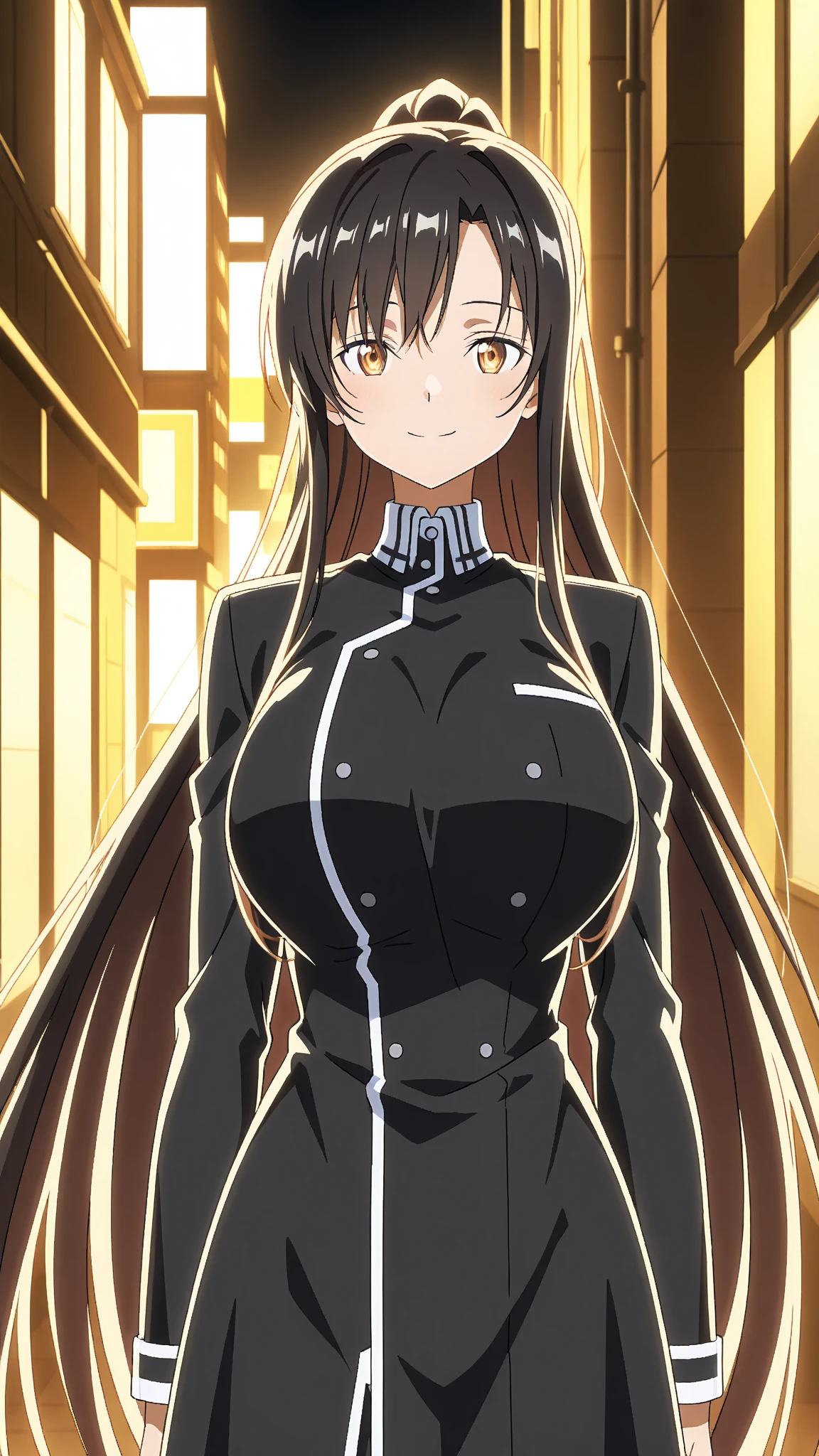(high quality:1.1), intricate details, cinematic lighting, sharp focus, Annerose, 1girl, solo, standing, cowboy shot, looking at viewer, determined, very long hair, hair intakes, black hair, pointy ears, yellow eyes, lip gloss, (bodysuit:1.05), shiny clothes, large breasts, (covered nipples:1.1), sideboob, beautiful scenery background, character in center, anime screenshot