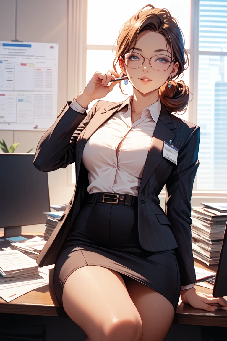 The glow of sunset in an office sitting at a desk., open legs,  short black skirt, Glasses, Open shirt,  sensual, seductive smile, (((submissive)))