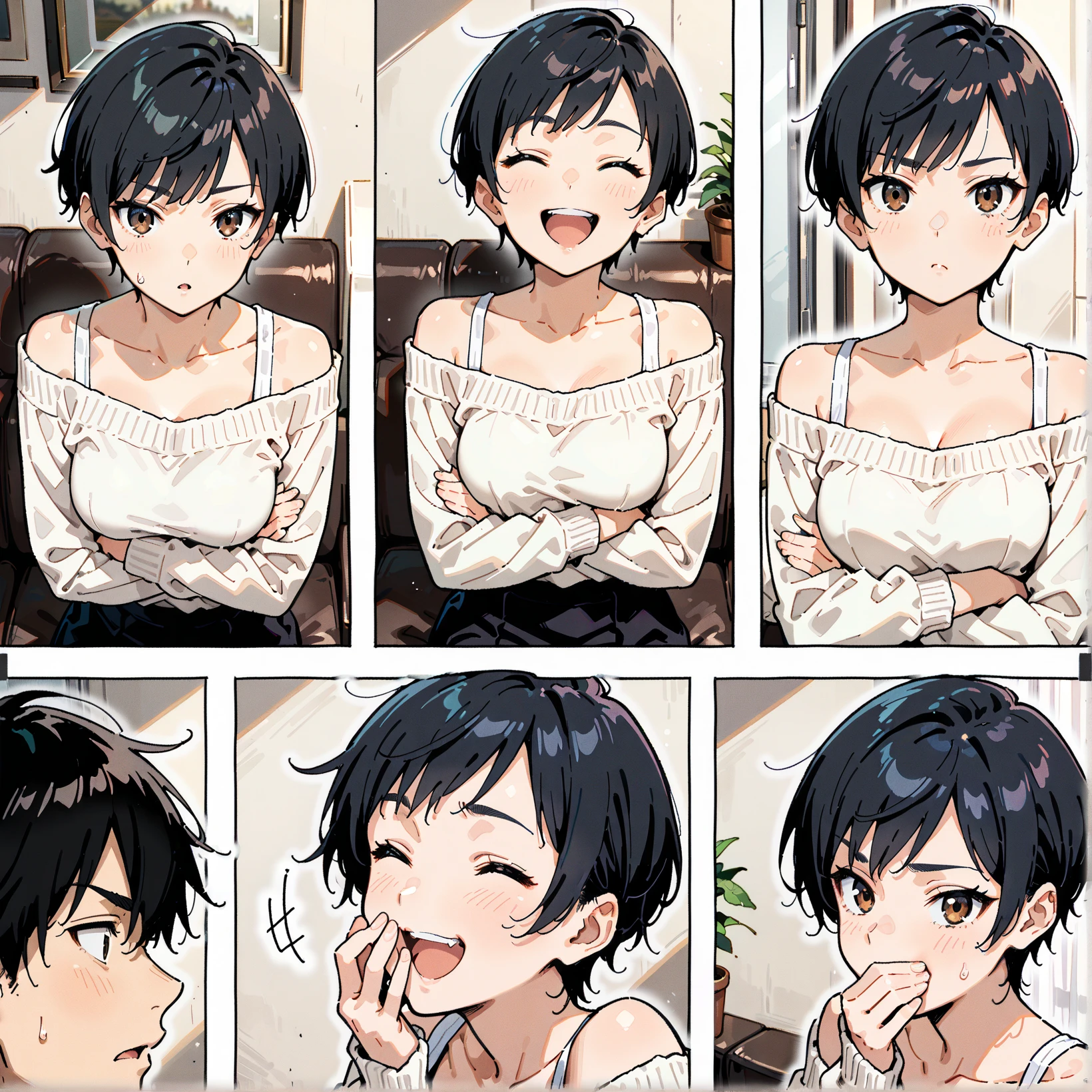 Short black hair wearing a black shirt:1.The third man opened the door to the apartment:1.I opened 3 and it came out、Toothy smile、There's a blonde guy standing behind him.、White shirt