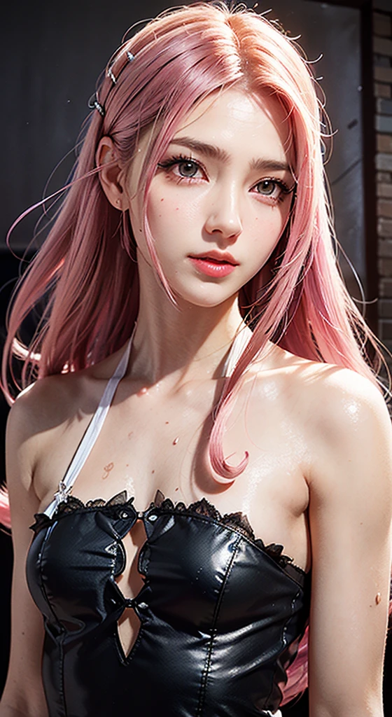 Cool women、sexy、Center of chest、Rize from Chainsaw Man、beauty、Yandere、、Face close-up、Chest tattoo、Red lace、necklace、(look up)、(Pink Hair)、(Angle from the buttocks).(alone)(Beach).(Apply tanning oil to your back).