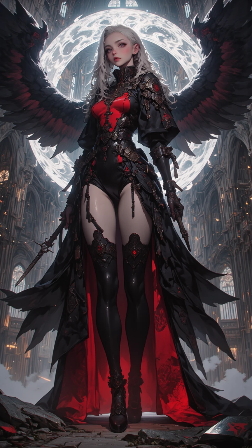 a picture of an mecha angel wearing black leather jacket, ((full body: 1.5)), exotic beautiful angel ((anatomically correct: 1.5), (ultra detailed face: 1.2), best detailed face, busty, folded wings, white angel wings, (white mecha armor: 1.3), she is wearing ((black leather jacket: 1.5)), intricate leather jacket, loose leather jacket, glam leather jacket, jacket has metallic studs, wearing silk dress, (dynamic color dress)), wearing thigh high heeled boots, cyberpunk church background, , vibrant, Hyperrealism style, vibrant, Ultra-high resolution, High Contrast, (masterpiece:1.5), highest quality, Best aesthetics), best details, best quality, highres, ultra wide angle, 16k, [ultra detailed], masterpiece, best quality, (extremely detailed) RAW, feathered wings, rpg portrait