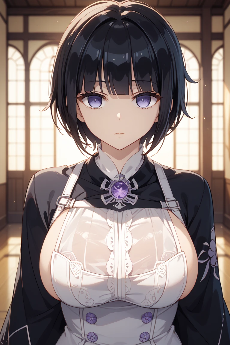 long dark black hair female, playing chess pov, beautiful, hime, straight black hair, noble attire, purple clothes, purple eyes, manhwa style, aristocrat, noble woman, mocking smirk, smart, cunning, 18 years old, elegant, grabing right breast over clothes, victorian dress, no cleavage, arm over shoulder, man out of frame, 2d, manhwa style, villainess, man besides her