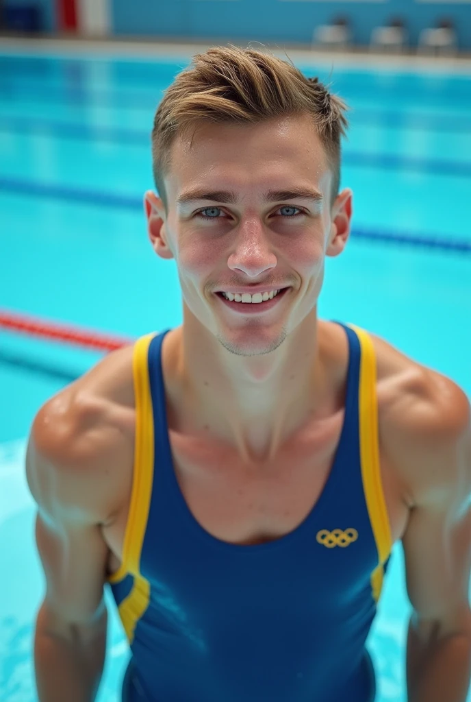 male Age 17 swimwear lifeguard topless smile