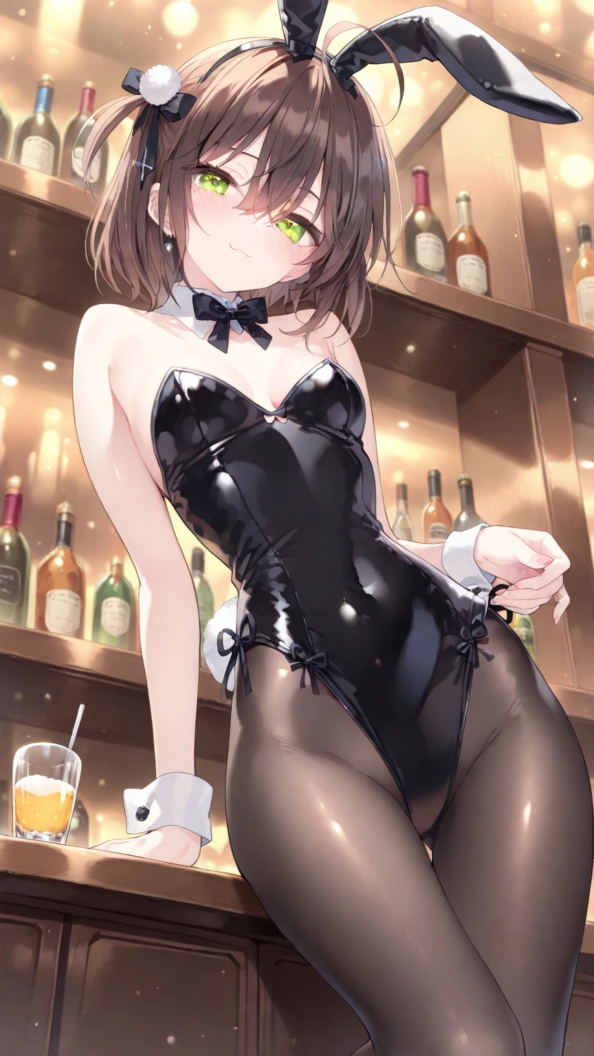 1girl, natural lighting, masterpiece, highly detailed, illustration, game CG, absurdres, high quality, aichan, large breasts, beautiful detailed eyes, medium blonde hair, ponytail, bangs, glossy lips, light smile, cafe, bunny ears, detached collar, wrist cuffs, strapless leotard, fishnets, leaning forward, looking at viewer, glasses