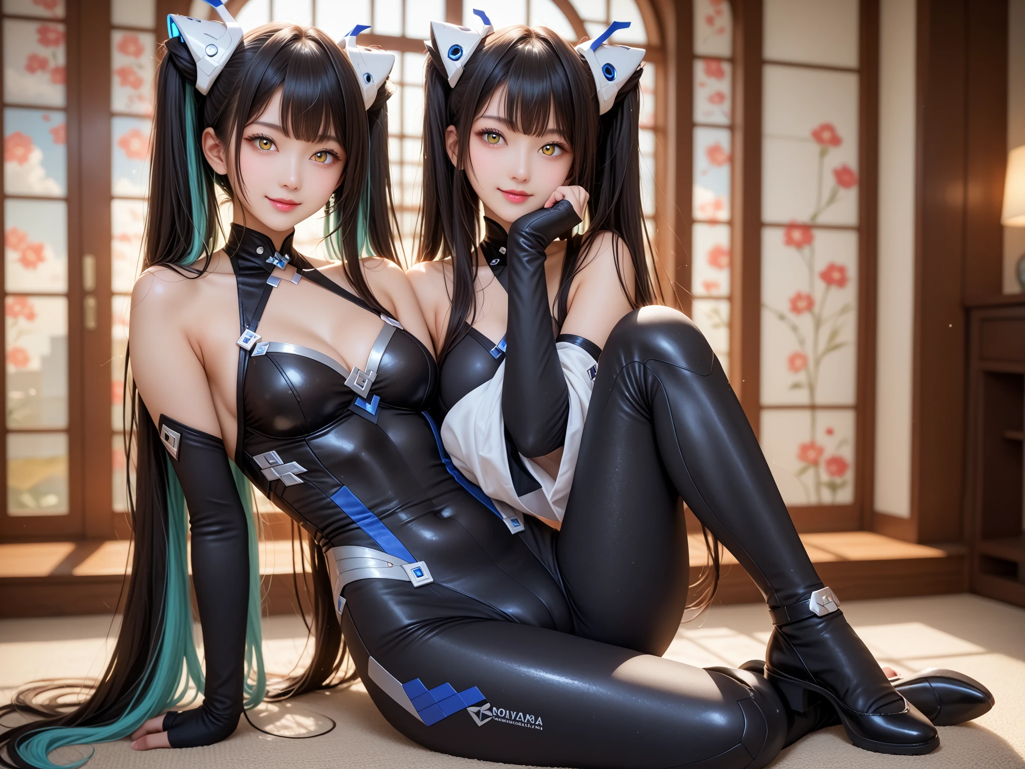 girl, Wearing a wedding dress, White Wedding Dress, Full body painting, slim, Long legs Dark blue hair girl, Cat ears and tail, Wearing a tank top and racing pants. Loli body type Twin tails Female genitalia is visible Detailed depiction of female genitalia Flat Chest Stern expression With legs apart