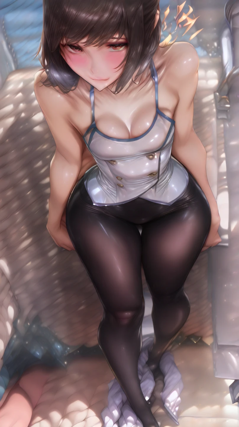 camel toe:1.4、erect nipples、(Sweat)、(vapor)､(((long gloves:1.3)))、brown loafers、(((black calf length socks)))、Open your thighs wide to the left and right､Squat on the ground、show off your crotch to the viewer, ((latex competitive swimsuit:1.3、High leg、squat, spread your legs:1.3, arm behind head ))、12 years old、absurd、Black Bob、Golden headband、flat lighting、elevation angle、sexy pose、highest quality、Complex、surreal、perspective, very detailed, detailed background, shape、1 girl、alone、big breasts、light smile, embarrassing, blush, ((outdoor poolside)), 

