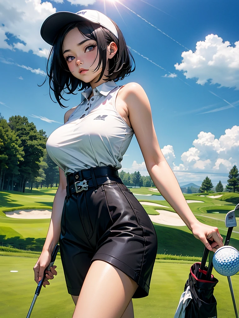 1girl, solo, white polo shirt, white sneakers, tennis wear, white miniskirt, masterpiece, best quality, realistic, hyper-detailed, (shiny skin, sweaty:1.4), absurd, looking at viewer, short black hair, brown eyes, slender, dynamic lighting, high resolution, sharp focus, depth of field, detailed eyes, sharp pupils, realistic pupils, (small breasts:1.6), (thick thighs:1.0), outdoor, sky