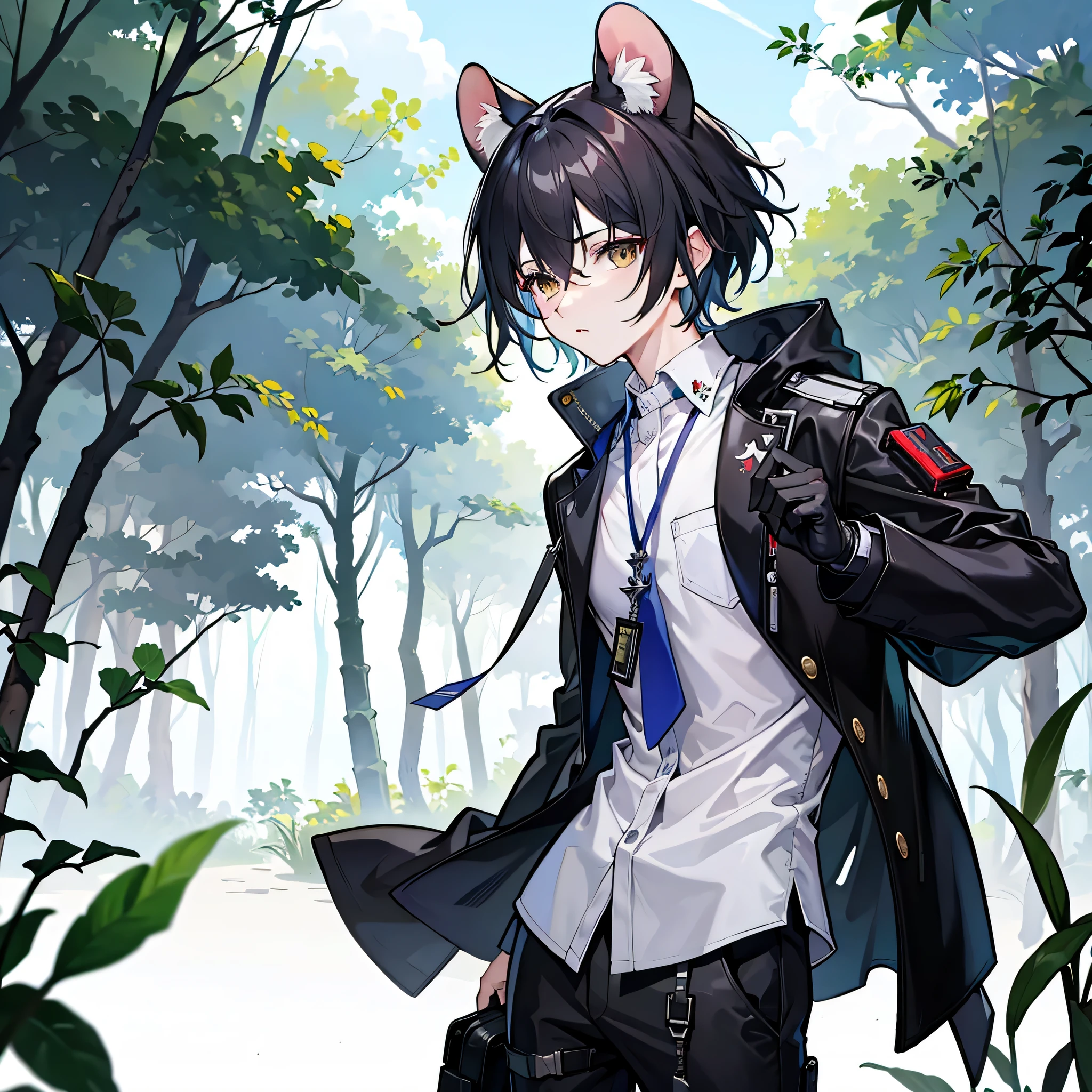 Masterpiece, High quality, Best quality, Quality masterpiece, Live2D, Arknights style, splash art, Focus on the face, solo man, Male, Bestia, mouse, natural, Height 164 cm. , operator, Short hair, Black hair highlight Black, Dark brown eyes, Big mouse Ear, simple set, original_outfit, Black Coat, Three-quarter pants, The backdrop is a Bamboo forest, Ancient ruins.