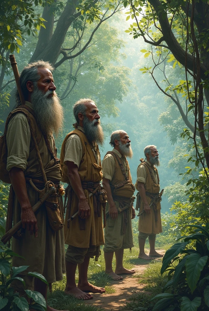 ( photo realism 1.2) photo realistic high detailed 4 old native hunting with spear in the jungle dark background