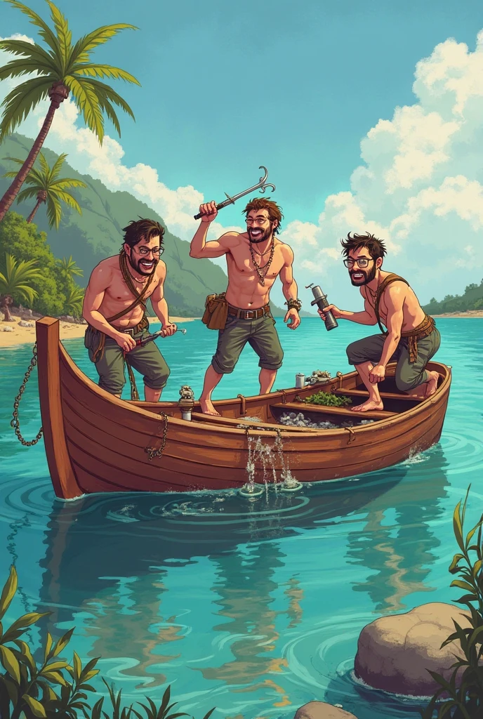 1 God fisherman with blonde curly hair ,1 god fisherman with long black and red hair with huge muscles ,1 god fisherman with brown short curly hair ,animated with big muscles catching hug fish 