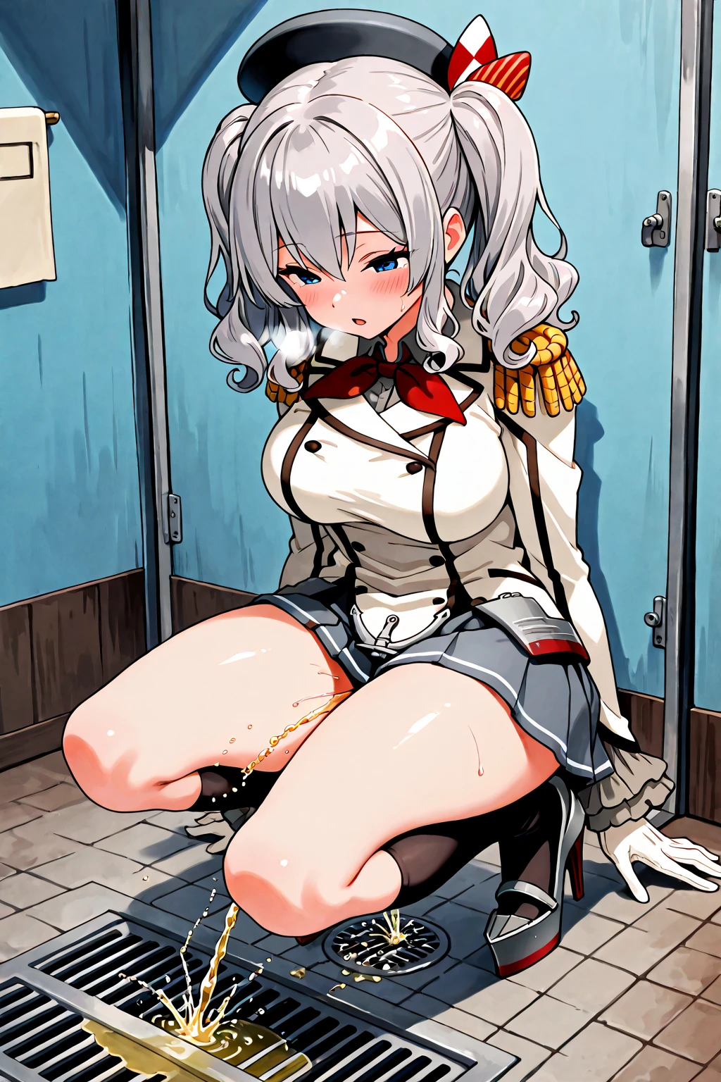Anime. Owari no Seraph. 1 Girl. Expensive . A vampire. Clumsy mother. Silver hair. Wavy hair. Long hair. Red eyes. Beautiful eyes. Perfect eyes. Expressive eyes. Ideal face. Perfect body. Beautiful long ones. legs. Beautiful nose. 18 years. Big breasts. Squatting in the restroom. Bent over the toilet. Holds hands on toilet seats. Full height. Beautiful character design. Shiny skin. Pointy ears. White dress. Vampire uniform dress from Owari no Seraph. Black stockings. Heeled shoes. She's poisoned. Her stomach hurts. She feels sick. She vomited into the toilet. Vomit comes out of her mouth and into the toilet. A castle in vampire territory. Whole body. NSF. Official art. Extremely detailed CG Unity 8k wallpaper. Ideal lighting. Ultra high resolution 4K. Super detailed 8K. A high resolution.